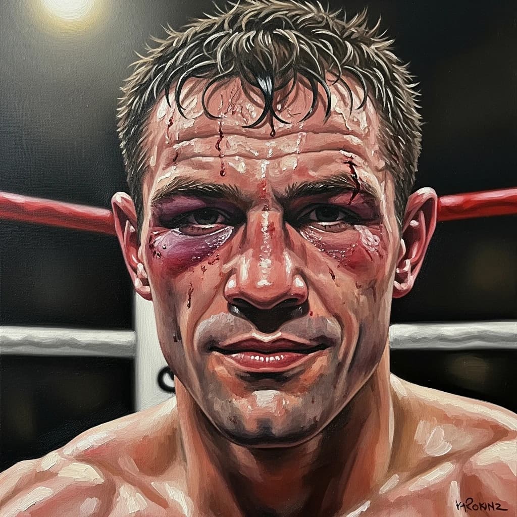 Paint a bruised boxer smiling, serious expression.