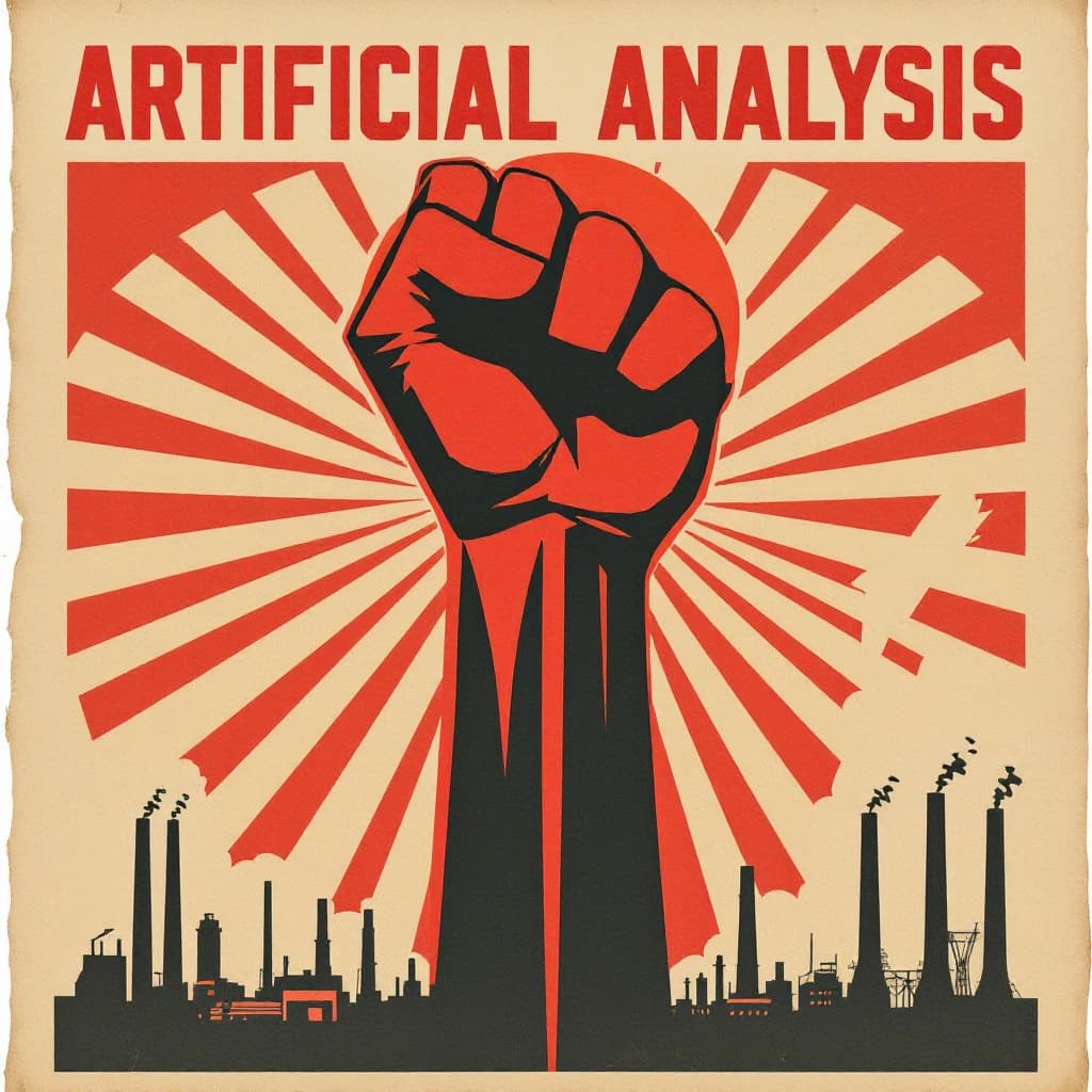 A propaganda poster in stark red, black, and beige. A clenched fist rises in the foreground, rendered with sharp geometric blocks. Behind it, radiating lines stretch upward toward a stylized sun. At the top, bold sans-serif lettering in Cyrillic-inspired type spells out Artificial Analysis, tilted at an angle for emphasis. A factory skyline silhouettes the bottom edge, smoke stacks rising into the background. The texture is rough, printed on aged paper with visible creases and ink bleed. Designed in the constructivist Soviet poster style.