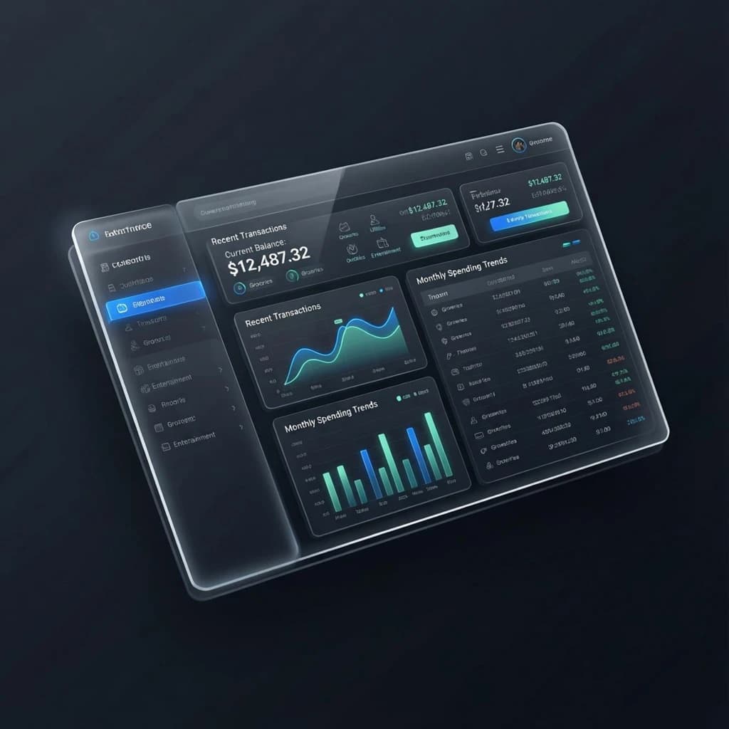 Dark mode banking dashboard with glassmorphism.