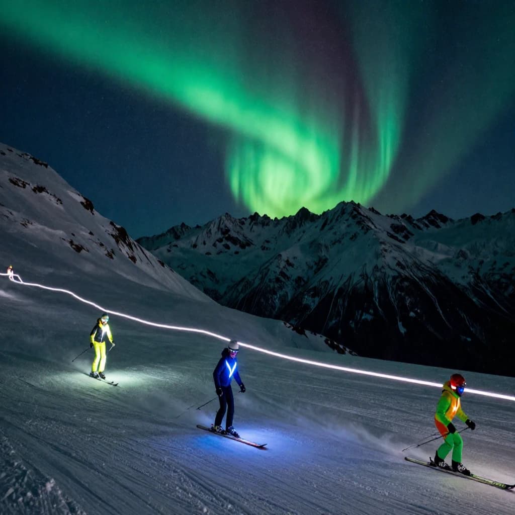 Coronet Peak Night Skiing: Skiers in colorful LED suits carve their way down the slopes of New Zealand's Coronet Peak under the Aurora Borealis, the skiers' light trails visible behind them