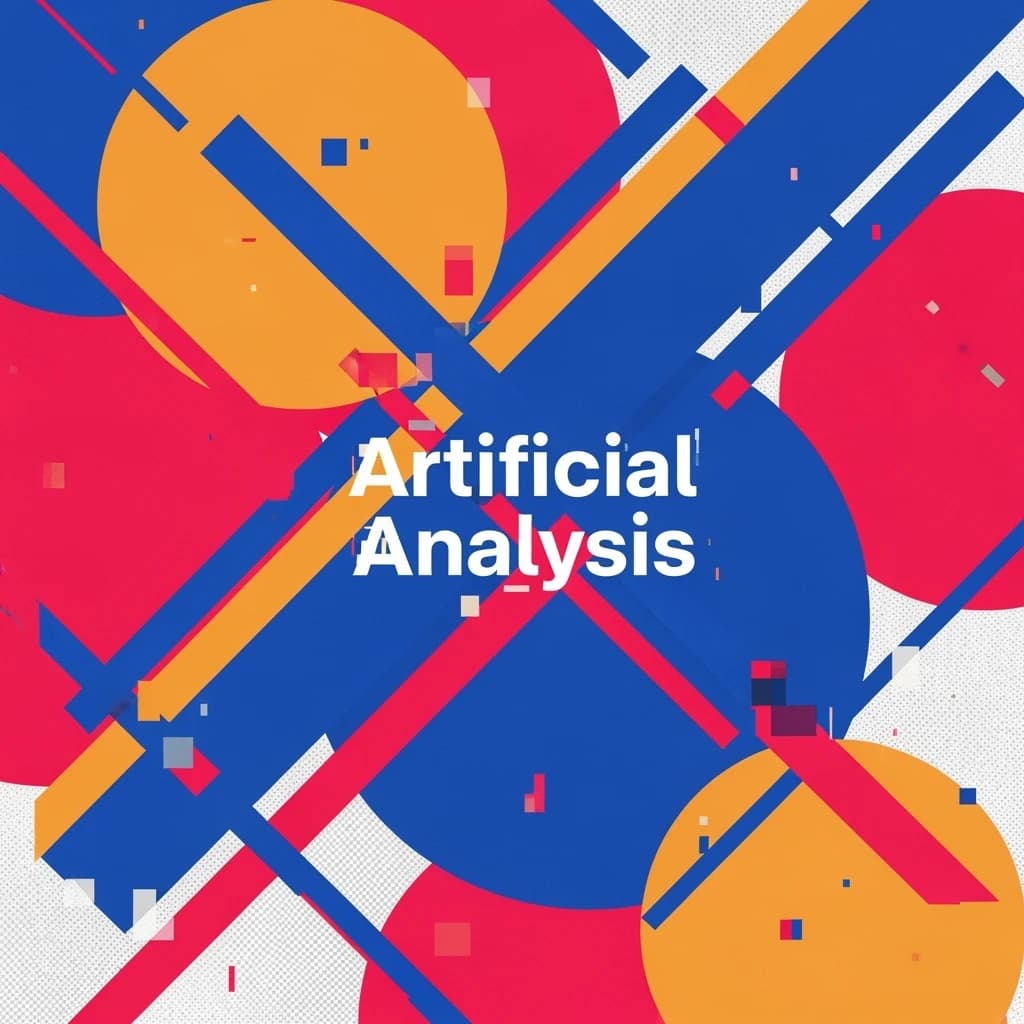 A bold poster composition dominated by flat geometric shapes in crimson, cobalt, and ochre. Overlapping circles and sharp diagonal lines create dynamic tension across the frame. A single sans-serif word — Artificial Analysis — stretches across the center in stark white, distorted slightly as though caught mid-glitch. The background is textured with halftone dots and faint grid lines, while subtle overlays of translucent rectangles suggest depth. Designed in the spirit of modernist Swiss typography fused with digital glitch aesthetics.