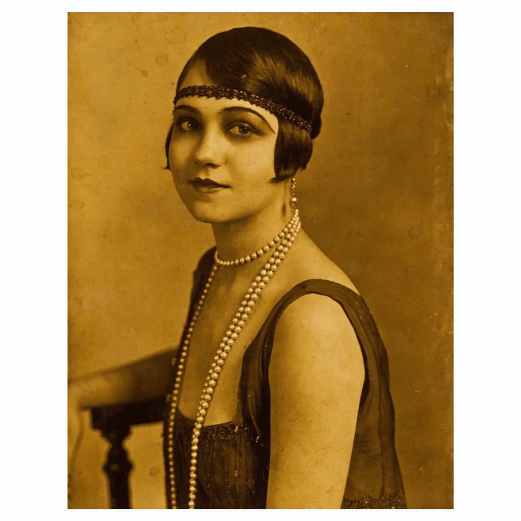 Sepia-toned studio portrait of a flapper with pearl necklace, soft grain.
