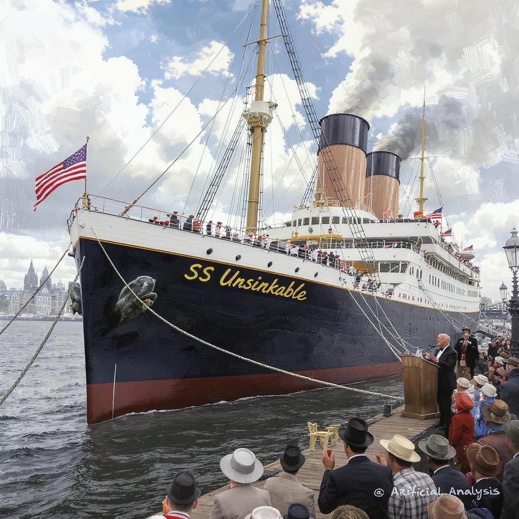 An impressionistic painting of the mighty steamer the "SS Unsinkable We Really Mean It This Time" on a cloudy but bright London morning about to set out on her maiden voyage. A jubilant crowd is gathered on the dock around the paunchy mayor who is making a speech, gesticulating wildly with his hands. The gangways are busy with well heeled ladies and gentlemen making their way onto the ship. A cheeky cat hangs over the water, clinging to the mooring rope after an ill-fated attempt to climb up. The artist has signed his name "Artificial Analysis" in the bottom corner