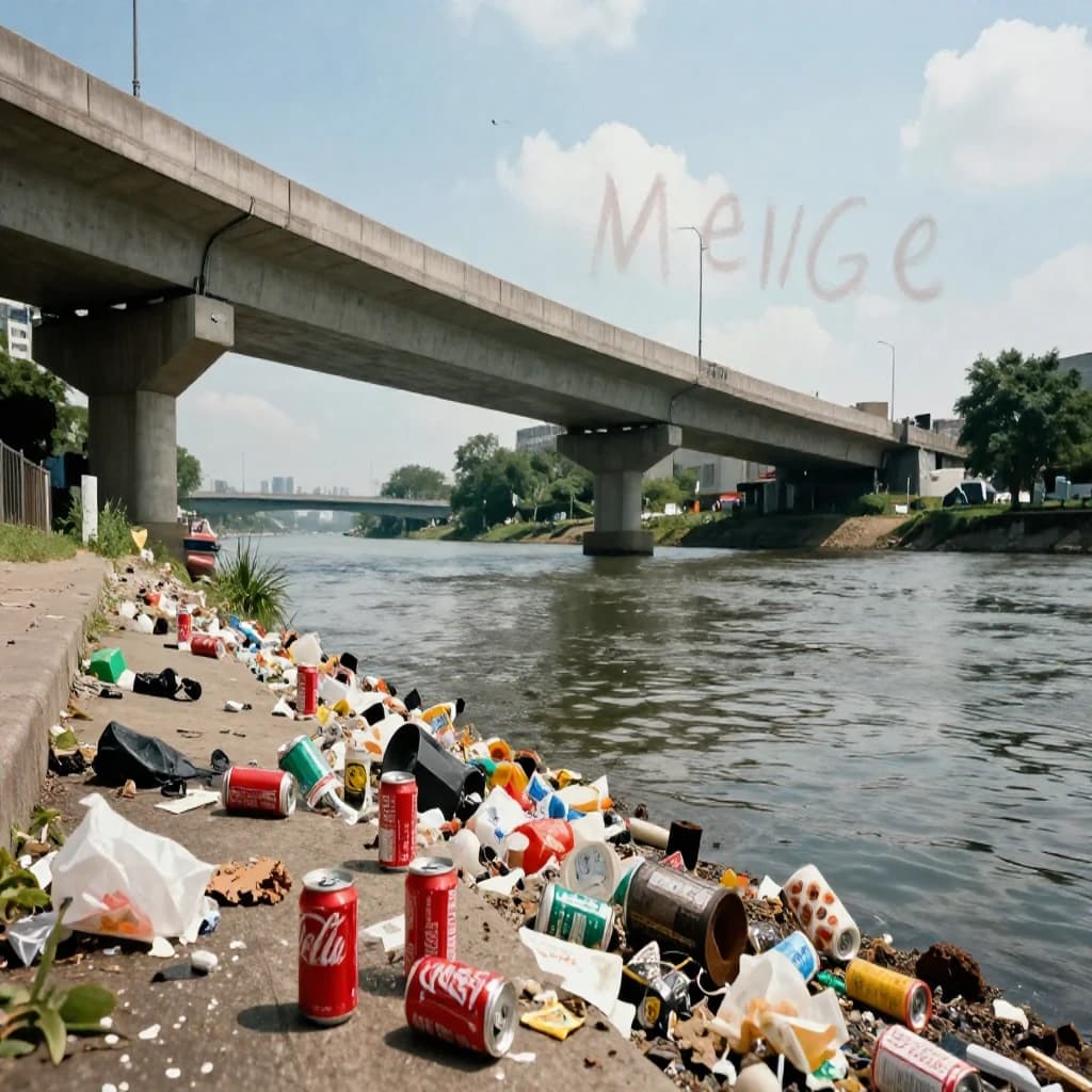 Red soda cans and other garbage sit strewn across the bank of an urban river only a few metres wide. Concrete overpasses criss cross overhead on a bright and sunny day. Fading skywriting proposes marriage