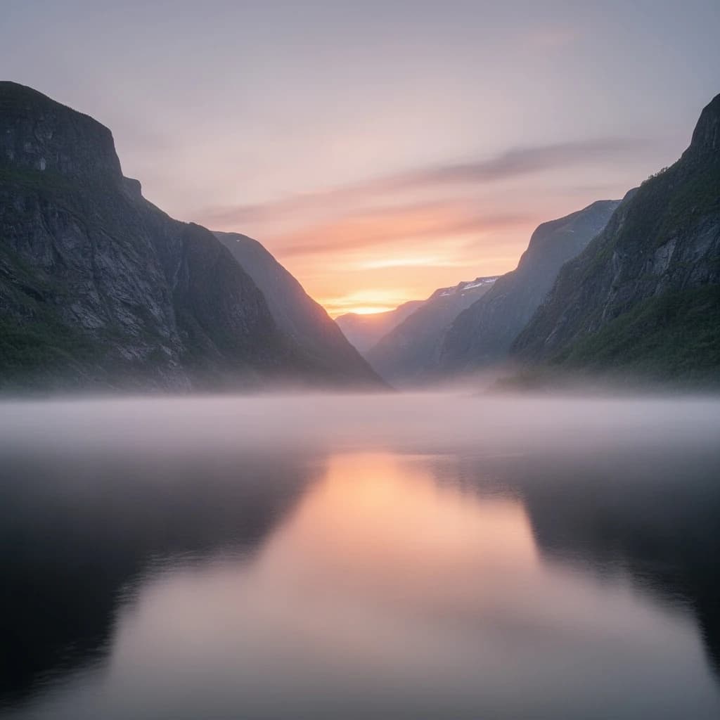 Frame a foggy fjord at sunrise, cliffs looming.