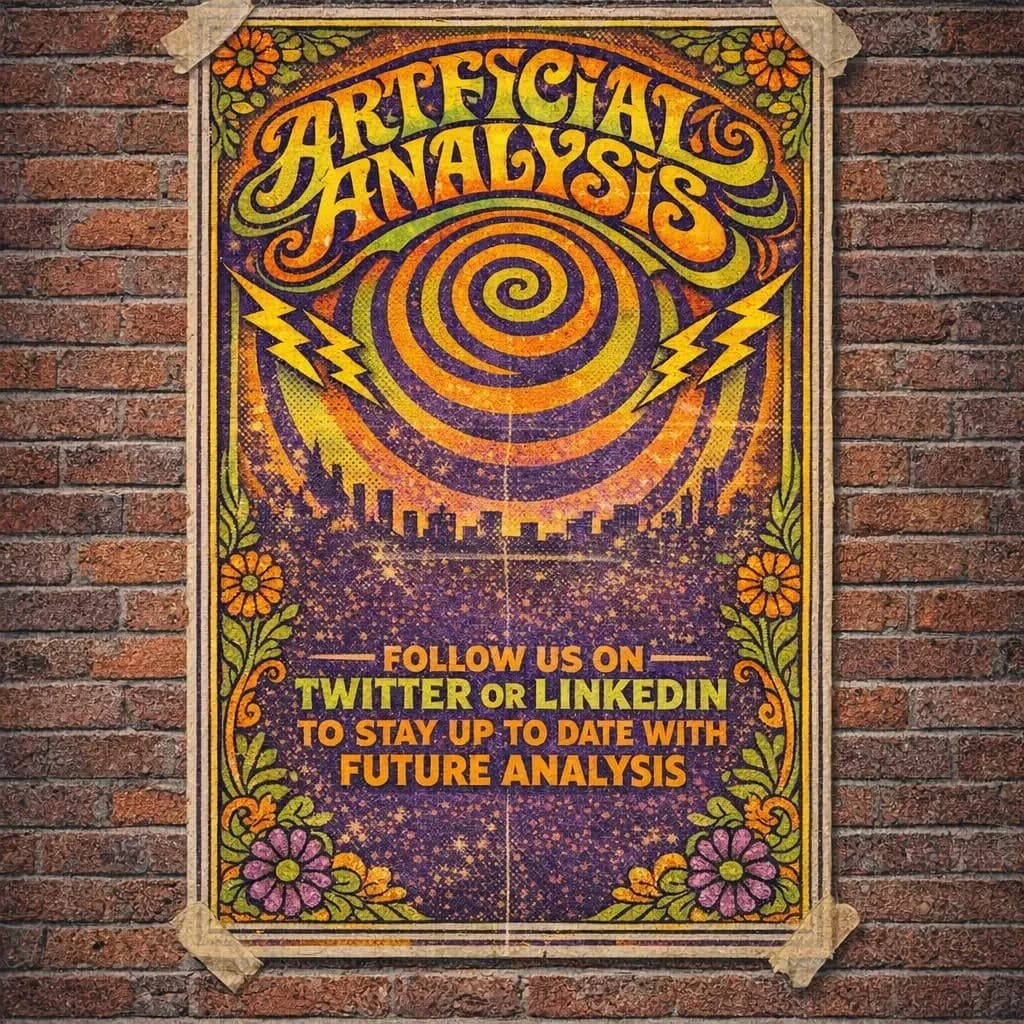A portrait layout psychedelic concert poster from 1972 bathed in saturated oranges, deep purples, and acid greens. Swirling, hand-drawn typography arcs across the top, spelling out Artificial Analysis in bold, distorted letters that melt into spirals. Surrounded by radiating concentric circles and lightning-bolt motifs. The background is textured with halftone dots and faded paper creases, evoking a well-worn poster taped to a brick wall. Ornate floral borders frame the design, while the bottom features blocky retro lettering listing “Follow us on Twitter or LinkedIn to stay up to date with future analysis” in smaller text. 