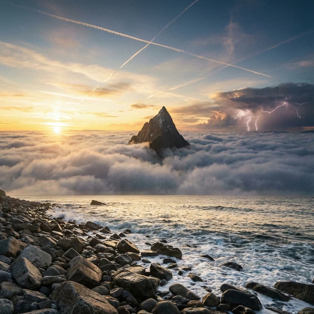 A stunning mountain vista pokes through the cloud top. Contrails from a distant airplane linger in the air. In the foreground there is a stony beach with foamy seas. A thunder storm is visibile in the distant right.