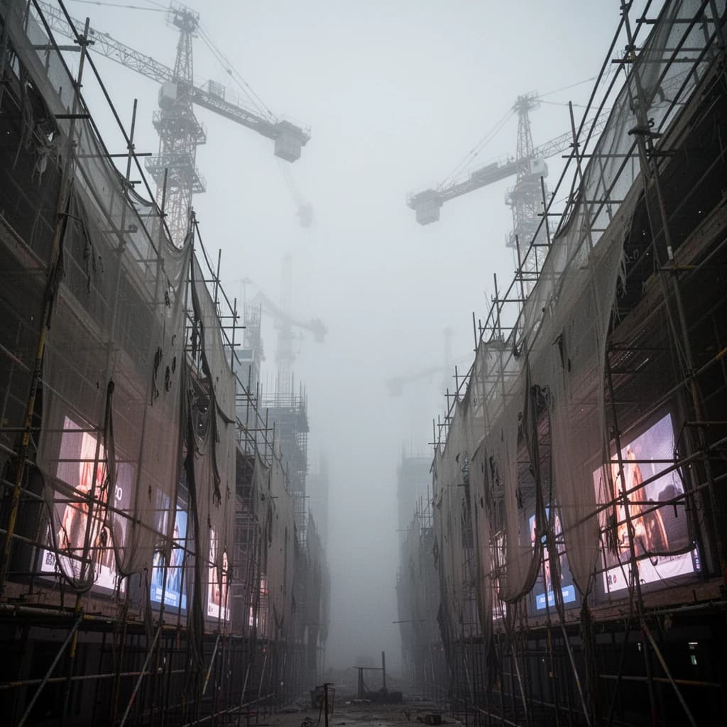 A construction site stretched upward into fog, cranes frozen in silhouette. Wind rattled scaffolding draped with torn mesh that glowed faintly from nearby billboards