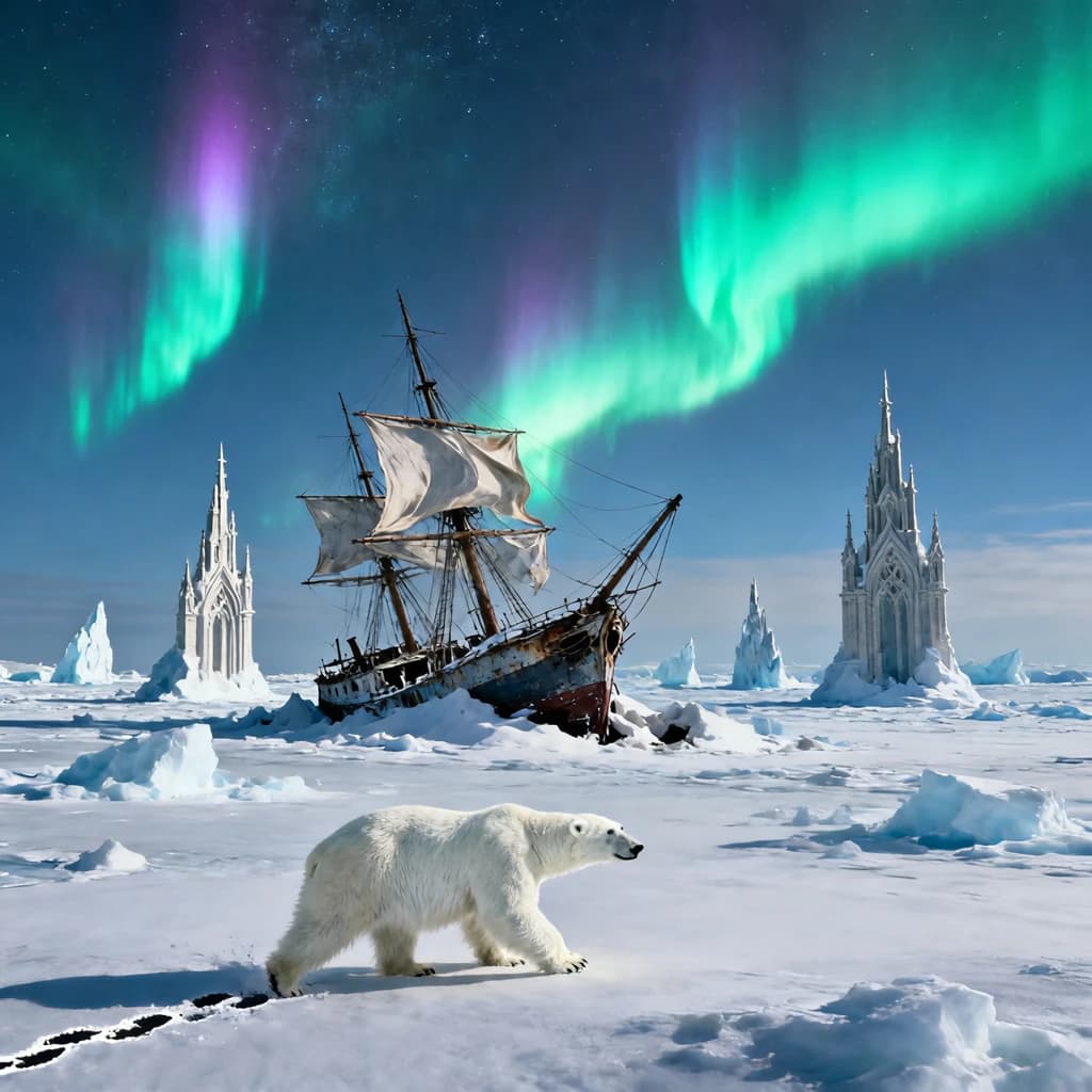 An endless tundra stretches outward, littered with jagged icebergs shaped like cathedral spires. A polar bear trudges across the foreground but leaves no tracks. Auroras ripple overhead. A half-buried shipwreck juts from the snow — sails billowing despite the still air.