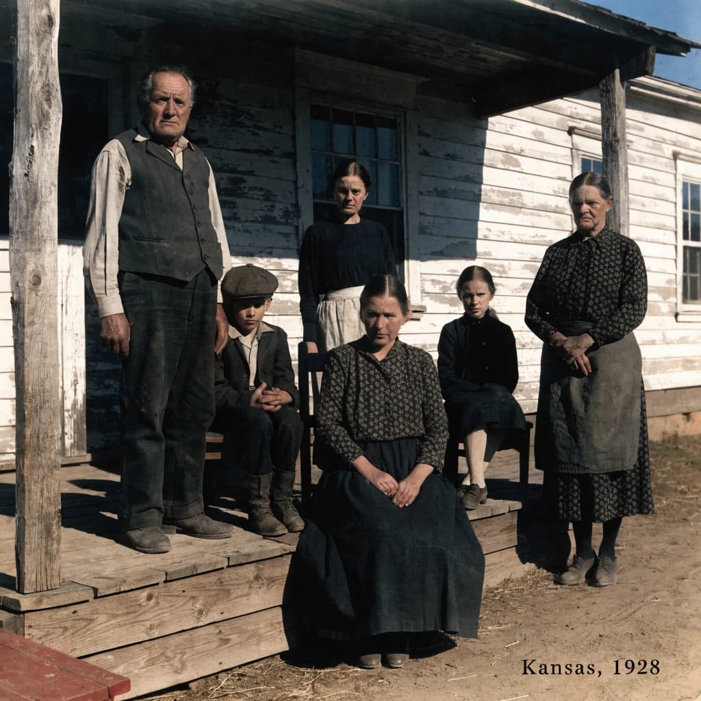Everybody holds still and nobody smiles for the family portrait. It's 1928 in Kansas