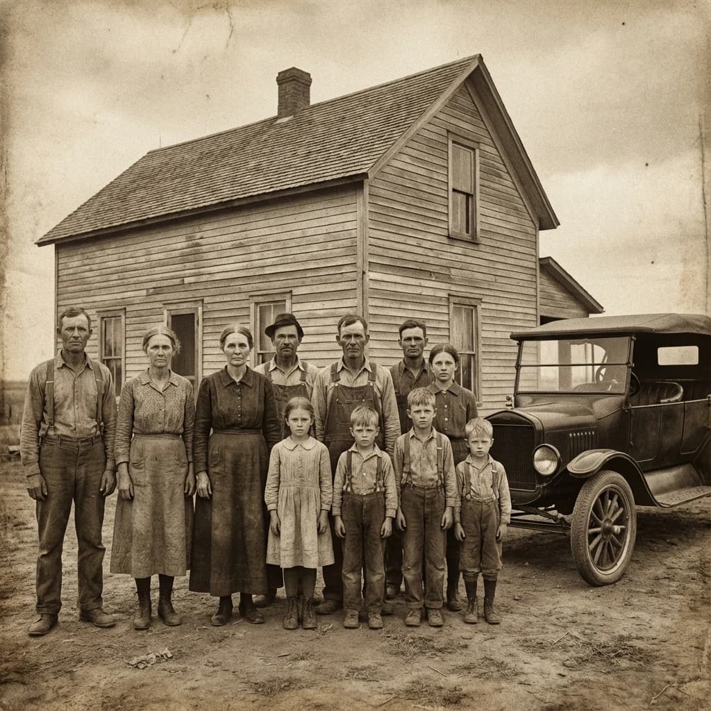 Everybody holds still and nobody smiles for the family portrait. It's 1928 in Kansas