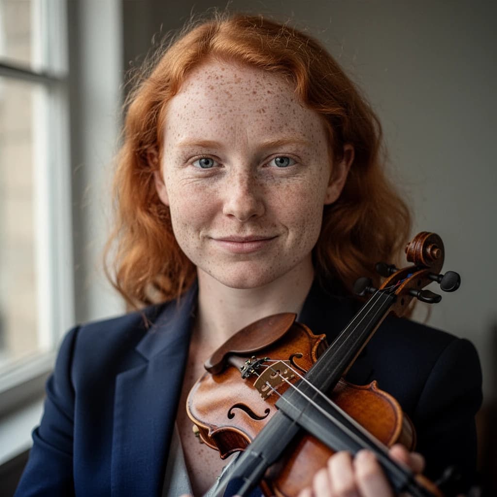 Capture a head-and-shoulders portrait of a freckled red-haired violinist in a navy blazer, soft window light, 85mm at f/1.8, gently smiling yet serious eyes, muted tones.