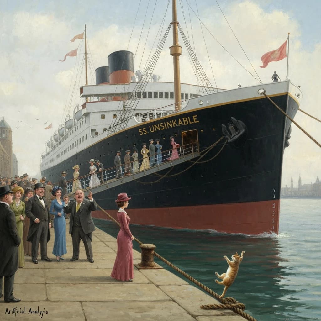 An impressionistic painting of the mighty steamer the "SS Unsinkable We Really Mean It This Time" on a cloudy but bright London morning about to set out on her maiden voyage. A jubilant crowd is gathered on the dock around the paunchy mayor who is making a speech, gesticulating wildly with his hands. The gangways are busy with well heeled ladies and gentlemen making their way onto the ship. A cheeky cat hangs over the water, clinging to the mooring rope after an ill-fated attempt to climb up. The artist has signed his name "Artificial Analysis" in the bottom corner