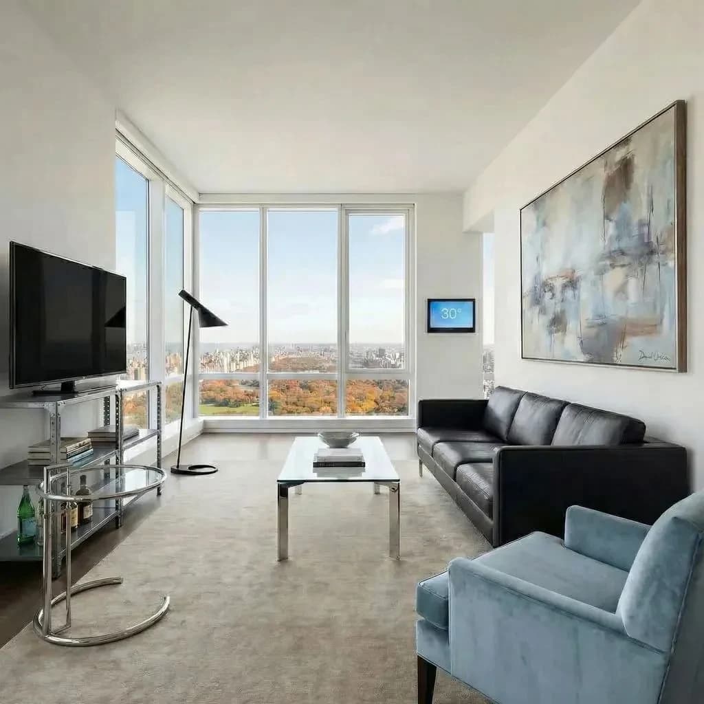 My apartment overlooks Central Park. It’s very luxurious, very expensive, and the furniture is minimal — a black leather couch, a glass coffee table with chrome legs, an Arne Jacobsen floor lamp. A big-screen television set rests on a steel shelving unit. A David Onica painting hangs above the couch. There’s a stainless steel and glass cocktail table. A powder-blue sofa. A thirty-inch digital TV.