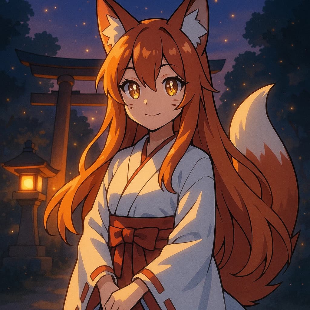 Cel-shaded fox spirit girl, glowing shrine at dusk, soft bloom, sparkly eyes.