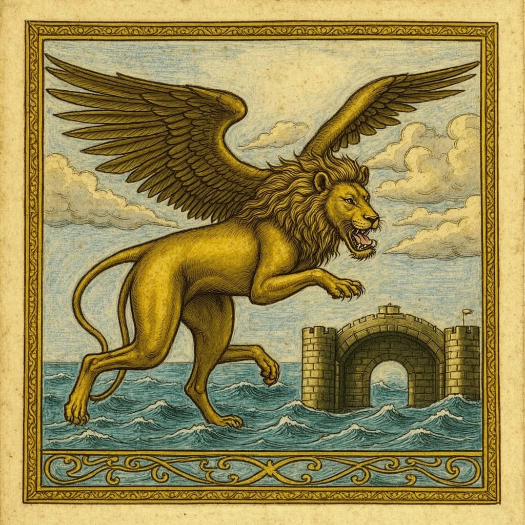 Paint an illuminated manuscript scene of a winged lion guarding a sea gate.