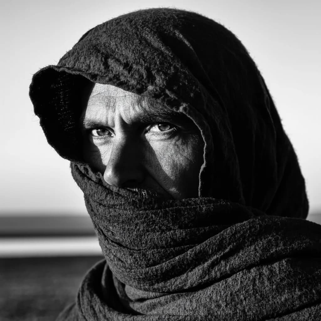 A dramatic black-and-white portrait of a young person draped in a hooded garment, their face framed by the hood's dark folds. Their skin tone and the subtle sheen on their cheeks create striking tonal contrast against the deep shadows. Their eyes are piercing, looking directly into the lens with a calm, steady intensity—neither confrontational nor submissive, but deeply present. The texture of the fabric is visible: it's dense, slightly weathered, and whisper-thin creases catch the light. In the background, an expansive, out-of-focus landscape suggests open space—perhaps distant plains or water—though the details remain soft and abstract. The overall mood is silent yet powerful, poised between vulnerability and resilience, with every highlight and shadow telling part of their story.