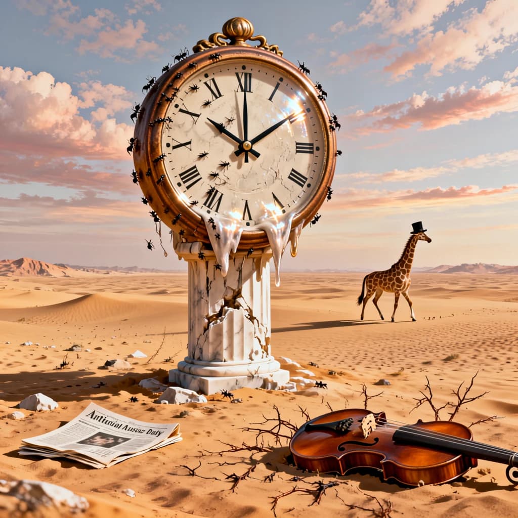 A vast desert plain stretches endlessly under a sky streaked with pale pink and ochre clouds. In the center stands a colossal clock, its face drooping and melting over the edge of a broken marble column. Ants swarm across its warped surface, glinting in the harsh sunlight. To the right, a horse with a giraffe like neck wearing a top hat strides toward the horizon, its shadow stretching miles across the sand. A cracked violin lies half-buried in the foreground, strings snapping outward like veins. Painted in the dreamlike surrealist style. A newspaper named the "Artificial Analysis Daily" lies on the Floor.