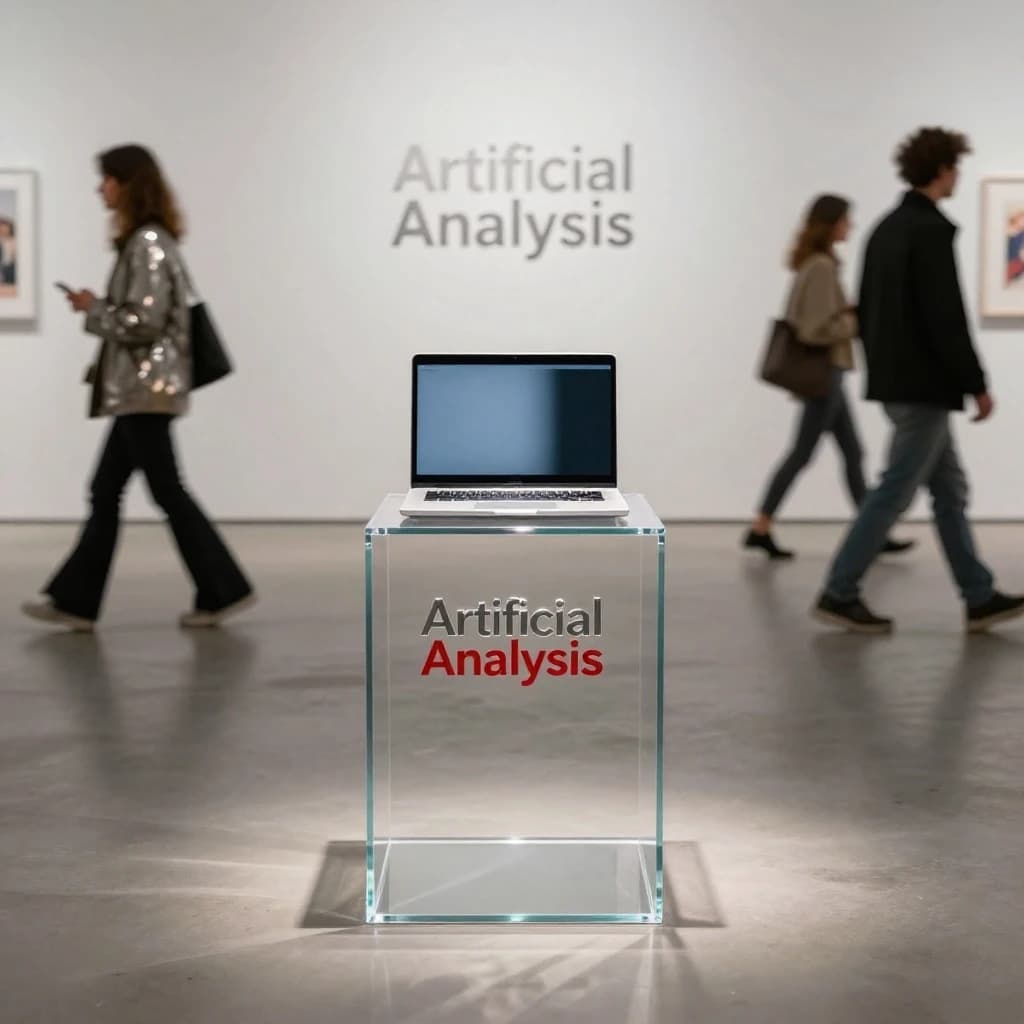 In a spotless gallery space, a pedestal supports a transparent laptop whose screen flickers between static and pristine brand imagery. Shoppers blur past in designer clothes that appear slightly outdated - bell bottoms, metallic jackets. The embossed logo “Artificial Analysis” glints silver, yet its reflection in the glass floor reads in crimson letters. A single spotlight shines, though shadows fall in two directions.