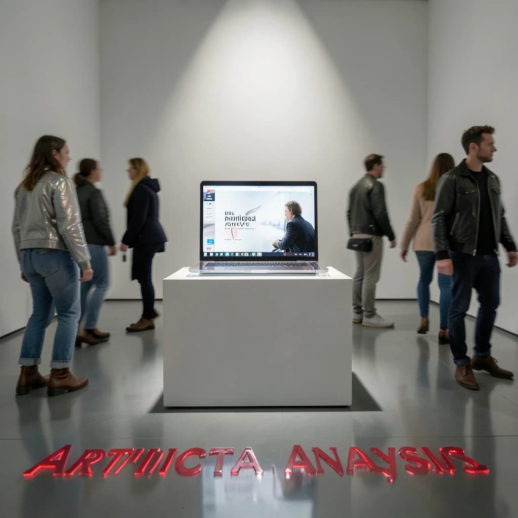 In a spotless gallery space, a pedestal supports a transparent laptop whose screen flickers between static and pristine brand imagery. Shoppers blur past in designer clothes that appear slightly outdated - bell bottoms, metallic jackets. The embossed logo “Artificial Analysis” glints silver, yet its reflection in the glass floor reads in crimson letters. A single spotlight shines, though shadows fall in two directions.