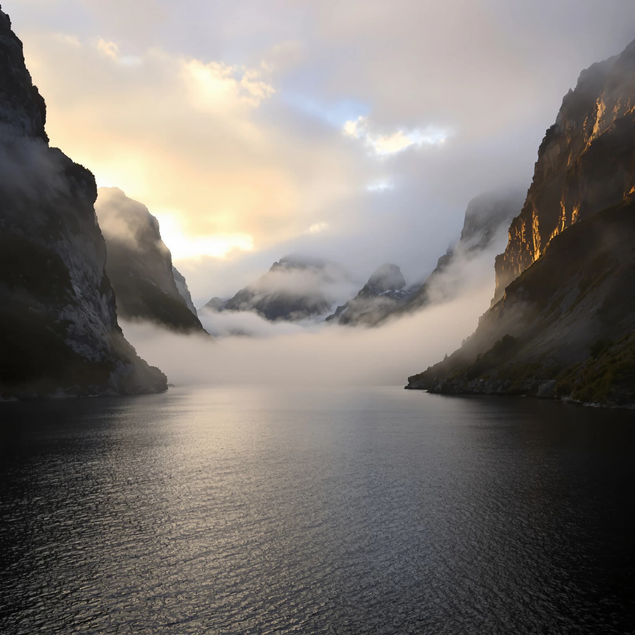Frame a foggy fjord at sunrise, cliffs looming.