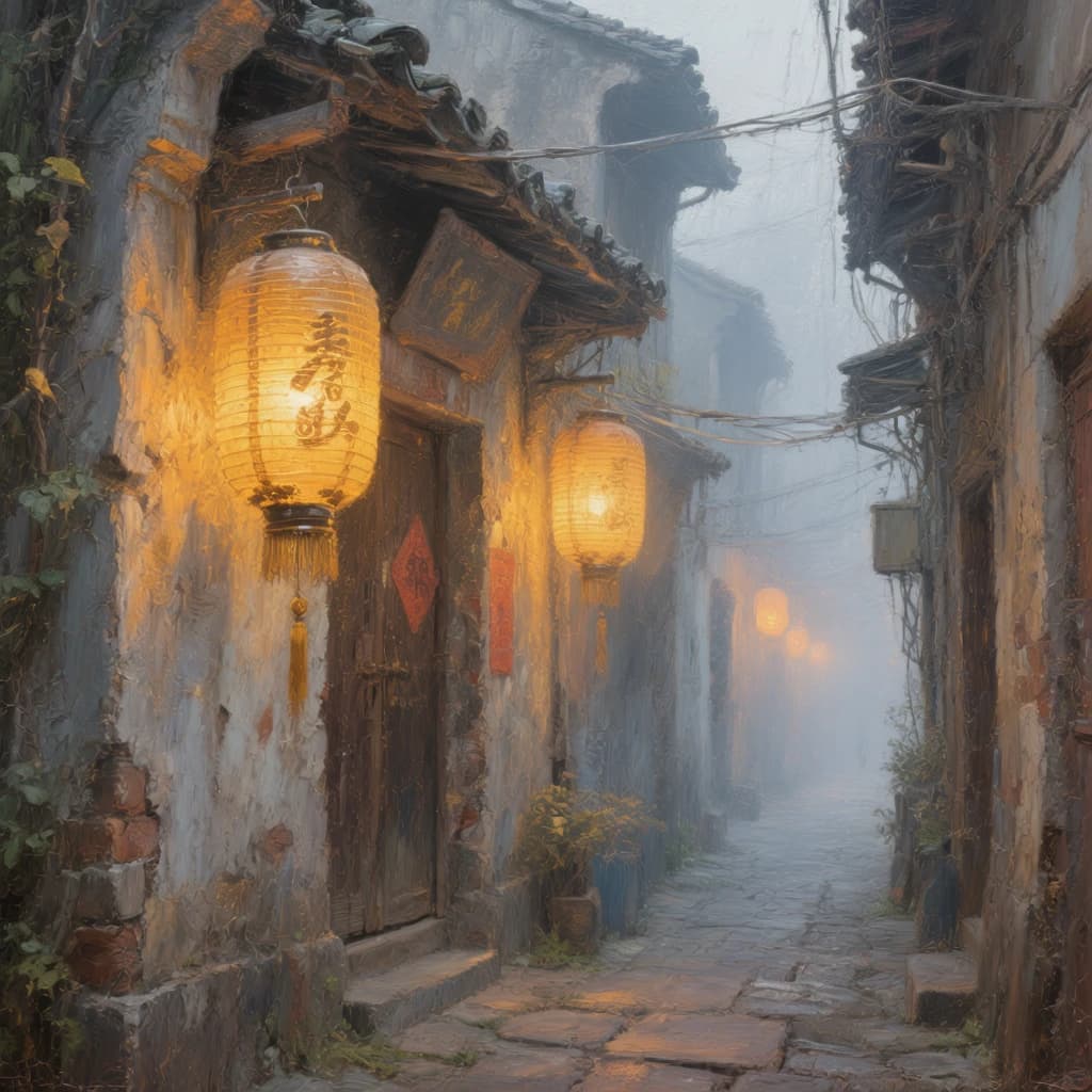Please create an oil painting of a narrow alley, a bit foggy, glowing lanterns.