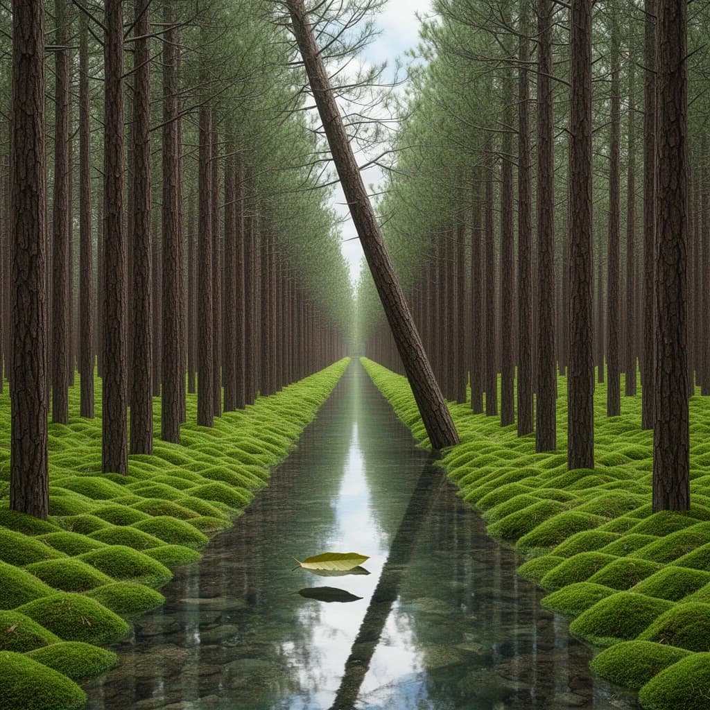 The forest is saturated green, trees identical in height and width, trunks straight, bark texture repeating. One trunk leans diagonally yet the branches remain vertical. The moss is emerald, glistening, though each patch forms identical diamond shapes. A stream runs straight, perfectly linear, water clear, reflecting clouds not visible in the sky. No animals, no insects, but one leaf floats on the water, doubled, showing two overlapping shadows.