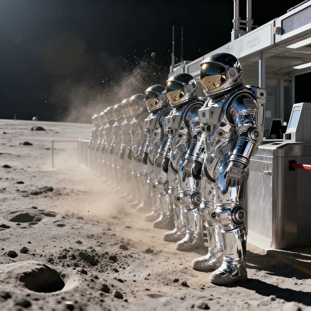 Silver exosuits queue at a dusty lunar checkpoint.