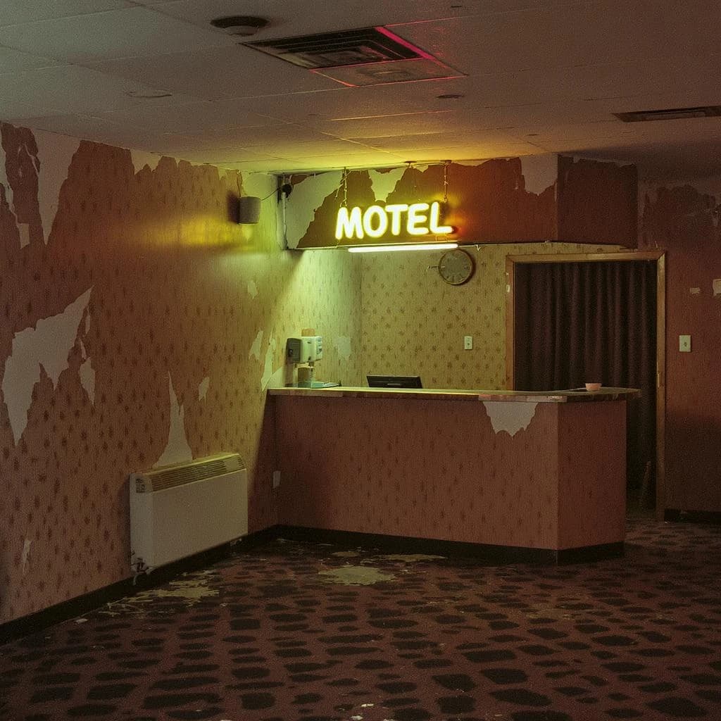 Show a faded 70s motel lobby with humming neon, sticky carpet, film grain.
