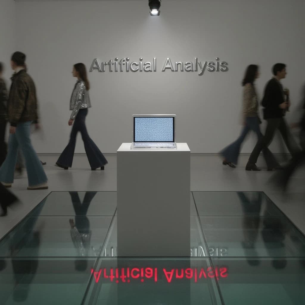 In a spotless gallery space, a pedestal supports a transparent laptop whose screen flickers between static and pristine brand imagery. Shoppers blur past in designer clothes that appear slightly outdated - bell bottoms, metallic jackets. The embossed logo “Artificial Analysis” glints silver, yet its reflection in the glass floor reads in crimson letters. A single spotlight shines, though shadows fall in two directions.