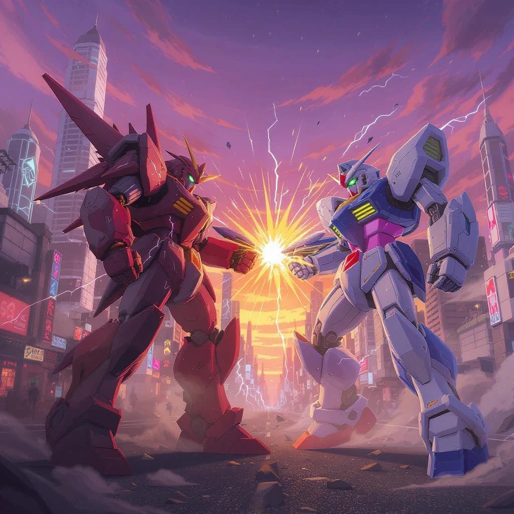 Make a cel-shaded mecha duel at dusk downtown.