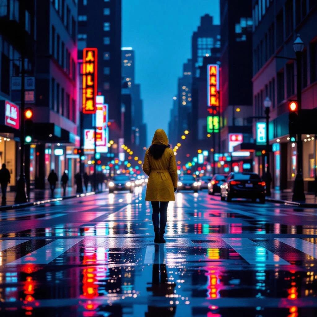 A sunlit city street after rain; puddles mirror neon signs as a woman in a yellow raincoat waits at a crosswalk, soft mist, 50mm look, natural tones, a bit of film grain.