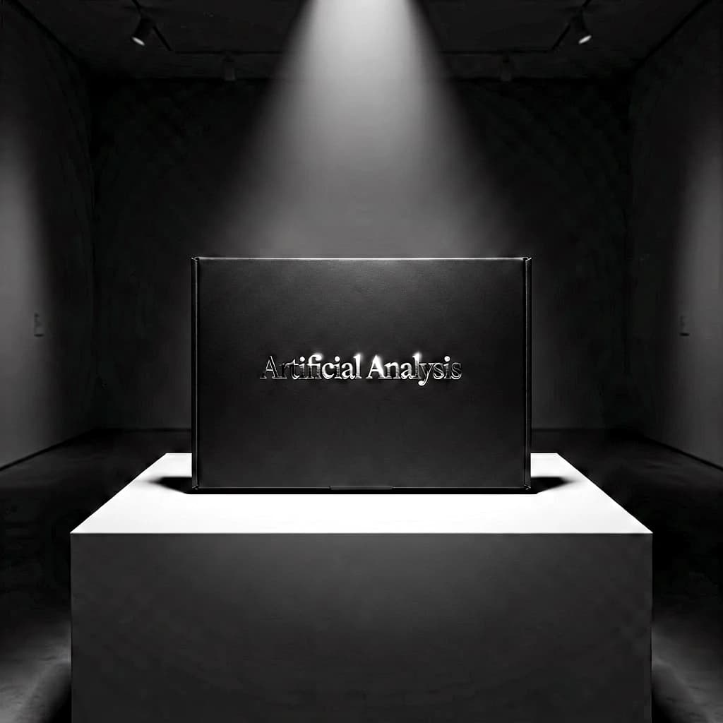 A premium matte black laptop-sized box rests on a pure white pedestal within a gallery space. Overhead, a single spotlight carves sharp contrast, leaving the edges in deep shadow. The brand name Artificial Analysis is embossed in silver foil, glinting faintly as though it were jewelry.