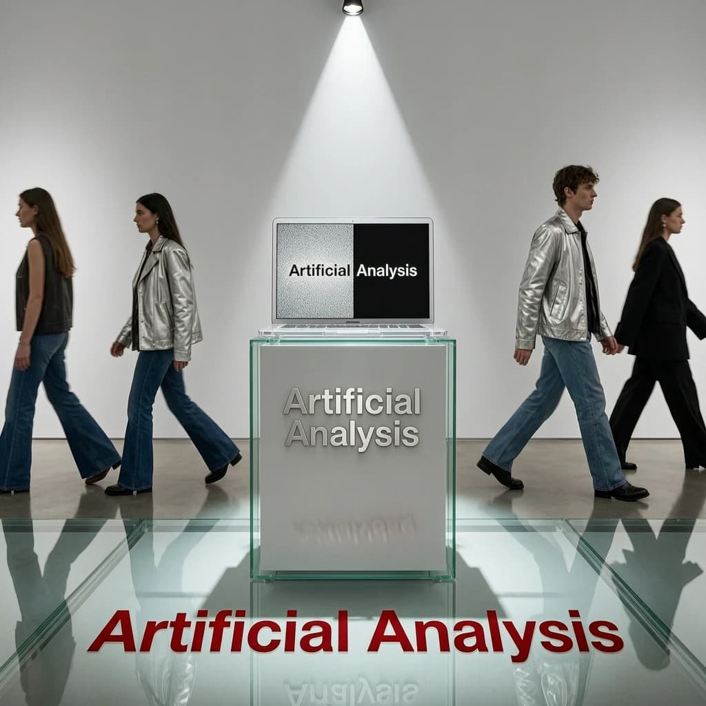 In a spotless gallery space, a pedestal supports a transparent laptop whose screen flickers between static and pristine brand imagery. Shoppers blur past in designer clothes that appear slightly outdated - bell bottoms, metallic jackets. The embossed logo “Artificial Analysis” glints silver, yet its reflection in the glass floor reads in crimson letters. A single spotlight shines, though shadows fall in two directions.