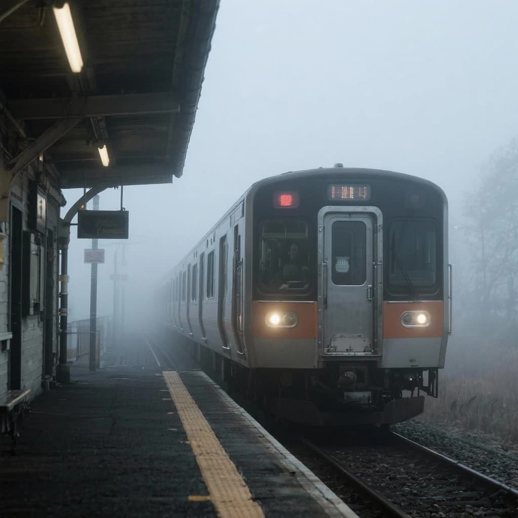 A commuter train enters a foggy little station.