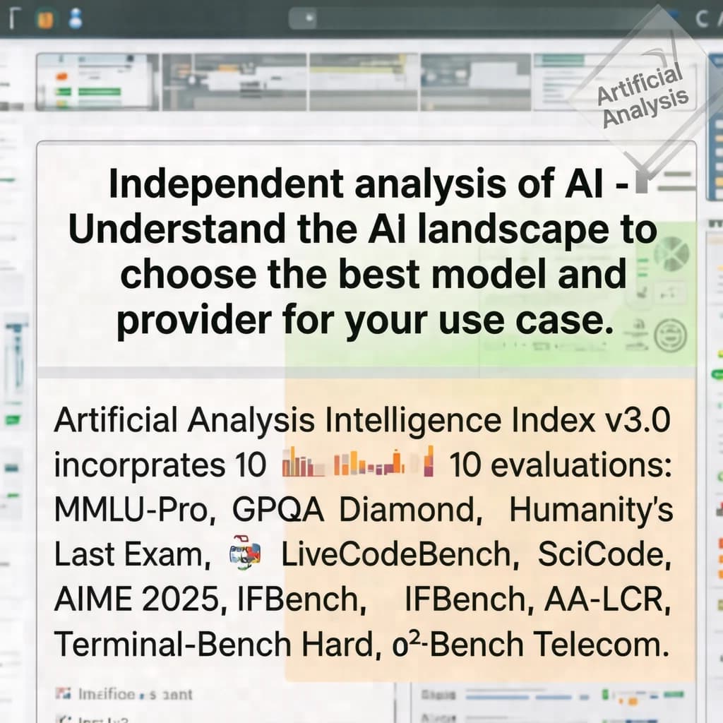 On a white dashboard with thin gray dividers, place a centered header in Helvetica Neue Bold, 20pt: “Independent analysis of AI - Understand the AI landscape to choose the best model and provider for your use case.” Directly beneath, a subheader in smaller Regular weight, 14pt: “Artificial Analysis Intelligence Index v3.0 incorporates 10 evaluations: MMLU-Pro, GPQA Diamond, Humanity's Last Exam, LiveCodeBench, SciCode, AIME 2025, IFBench, AA-LCR, Terminal-Bench Hard, 𝜏²-Bench Telecom.” The header is fully justified but the subheader is left-aligned. In the upper right corner, the Artificial Analysis logo appears watermarked, diagonal, faint gray, partially overlapping the scrollbar.
