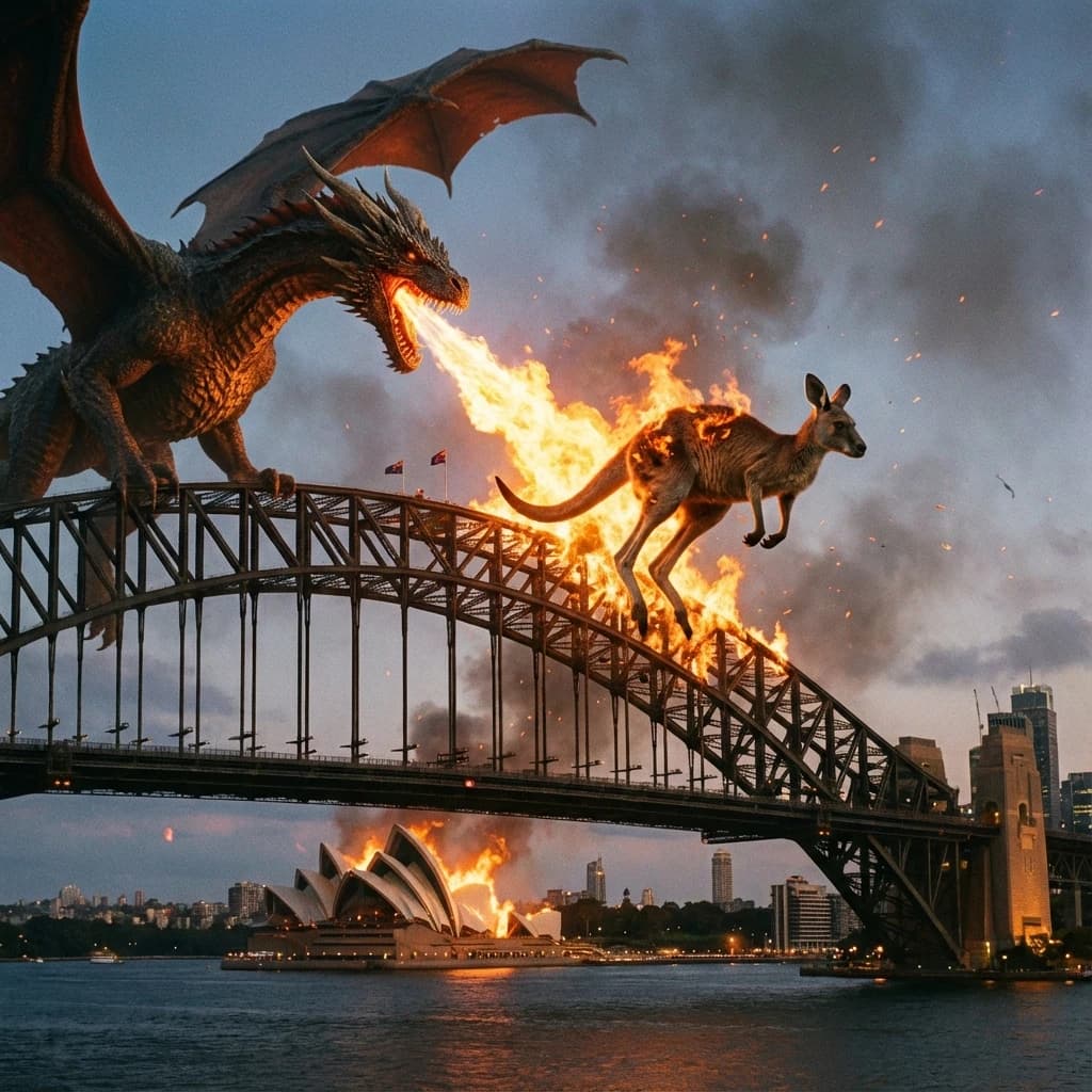 A dragon breathes fire at a kangaroo that is running away by climbing over the top of the Sydney Harbour Bridge. Opera House visible in the background.