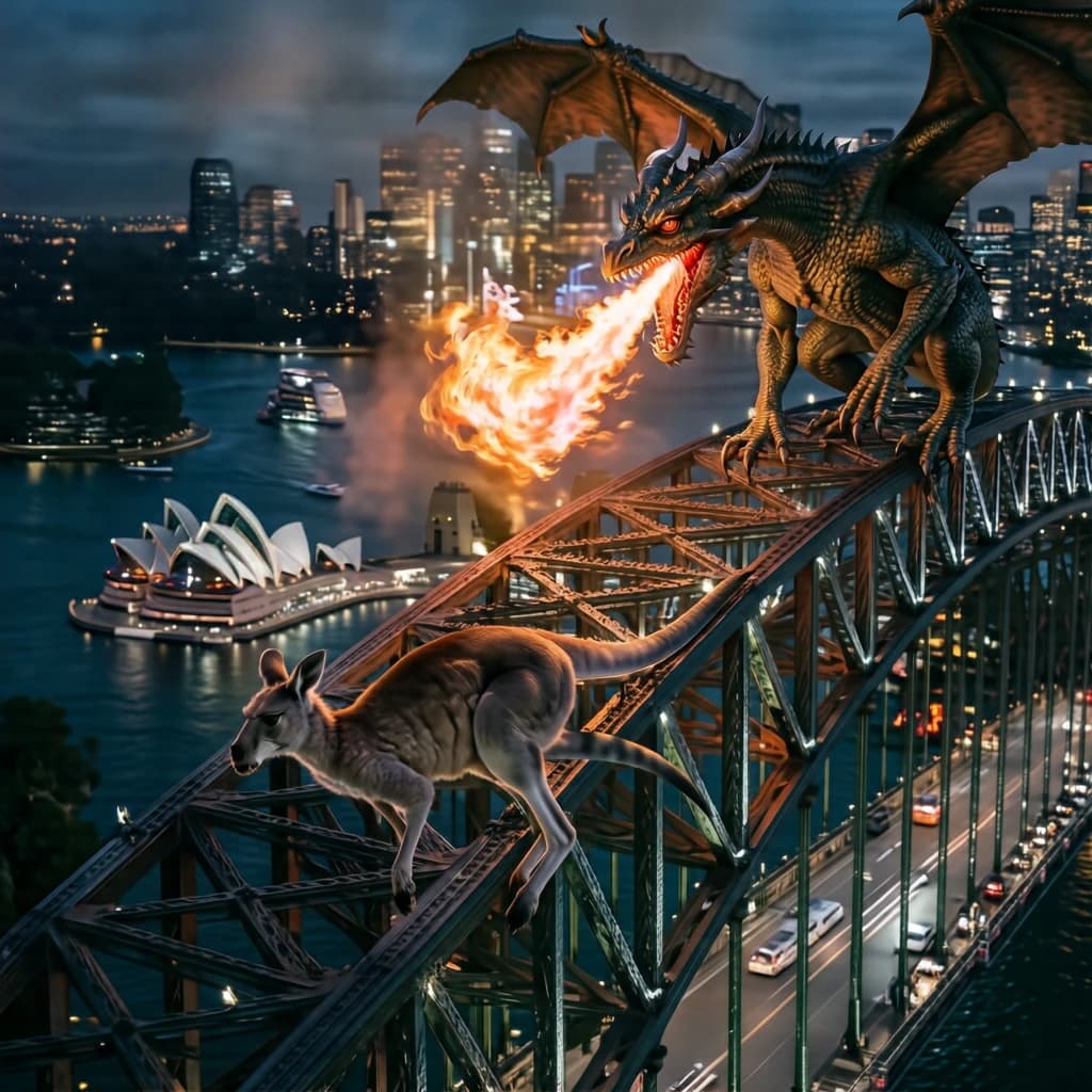 A dragon breathes fire at a kangaroo that is running away by climbing over the top of the Sydney Harbour Bridge. Opera House visible in the background.