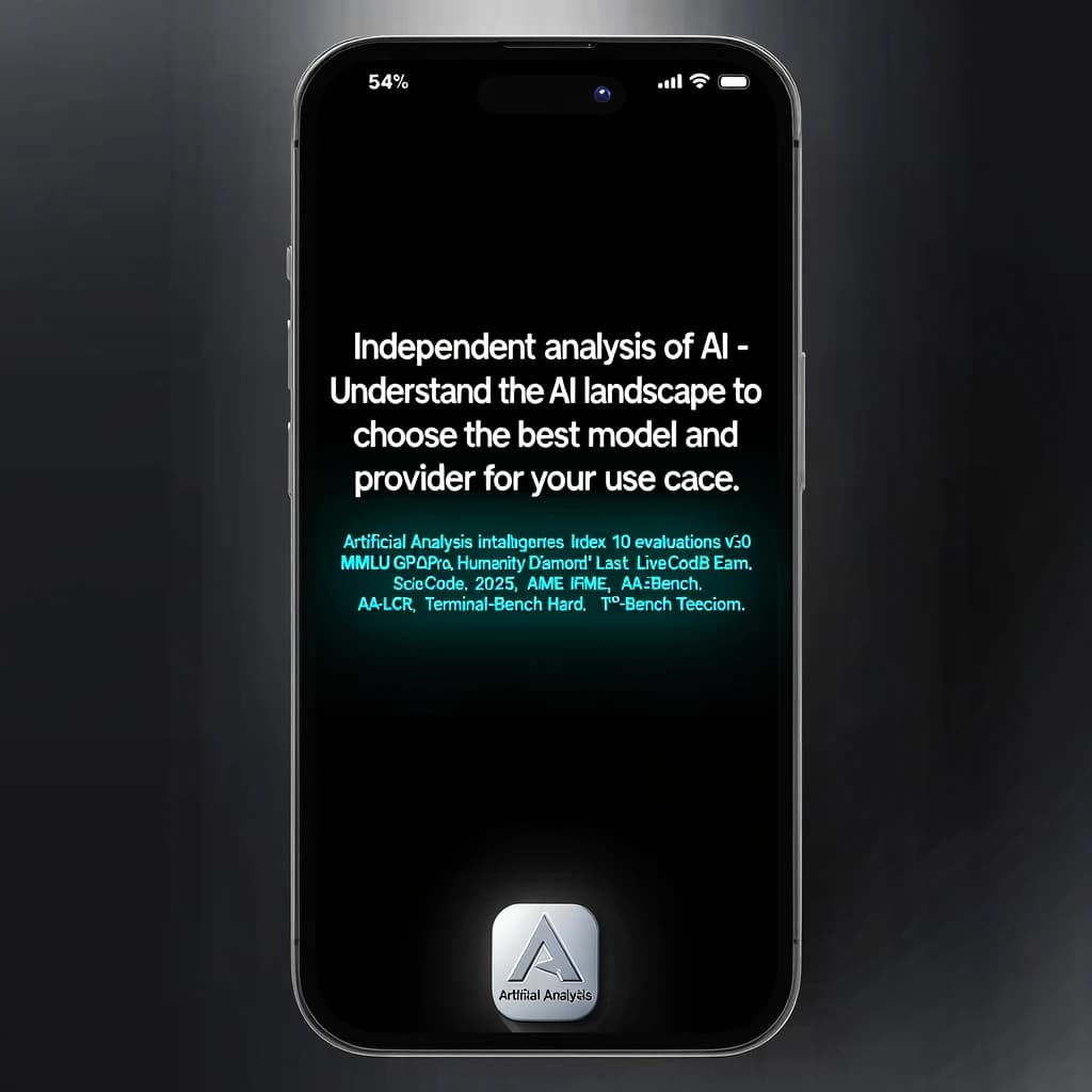 On a black smartphone UI with rounded corners, display a centered text block in white San Francisco font, 16pt: “Independent analysis of AI - Understand the AI landscape to choose the best model and provider for your use case.” Below, in neon cyan, monospace font, smaller size: “Artificial Analysis Intelligence Index v3.0 incorporates 10 evaluations: MMLU-Pro, GPQA Diamond, Humanity's Last Exam, LiveCodeBench, SciCode, AIME 2025, IFBench, AA-LCR, Terminal-Bench Hard, 𝜏²-Bench Telecom.” The second block scrolls horizontally as a ticker. The battery icon in the status bar shows 54%. The Artificial Analysis logo appears faintly, embossed into the bottom navigation bar.