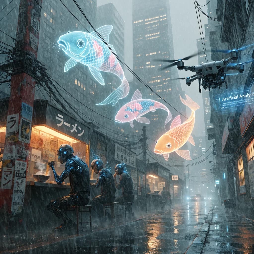 A neon alley in Neo-Tokyo 2142 drips with rain Cybernetic patrons slurp ramen at a stall with their glowing implants humming with blue light. Three giant holographic koi hover 10 metres above the ground and swim across the skyline, one has clipped into a building. A six-prop drone hovers nearby, projecting "Artificial Analysis" onto a wall with blue laser beams visible