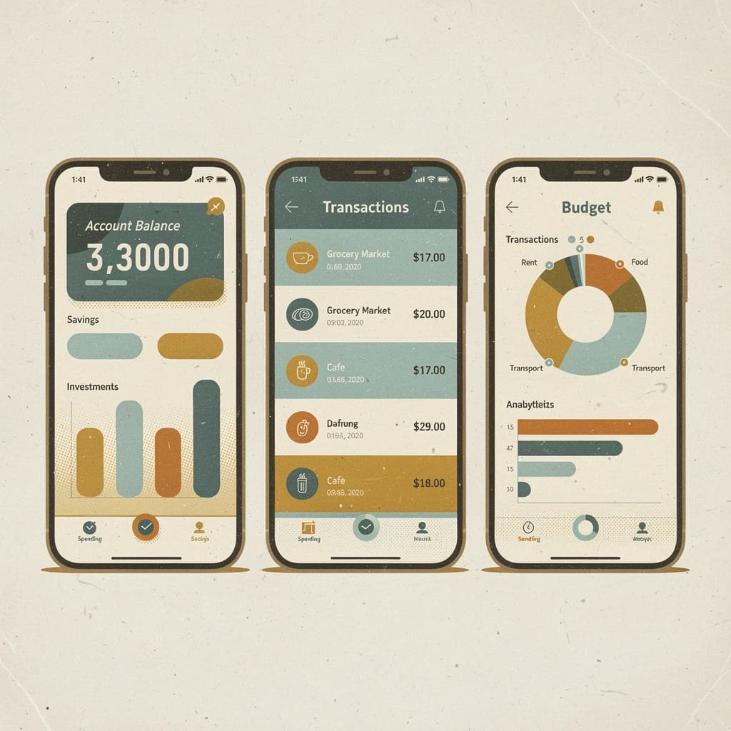 Make mobile finance app screens with mid-century palette, halftone, paper grain.