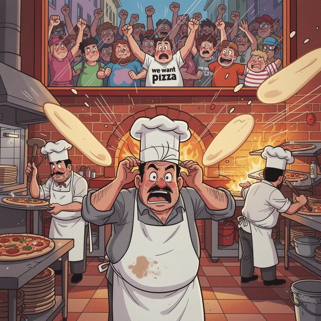 Pasquale is pulling his few remaining hairs out over a disaster at the pizzeria - the cooks are working as fast as they can but the crowds outside are swelling and they demand hot hot pizza! They are banging on the glass and some are wearing "we want pizza" shirts. 1980s western TV animation style.