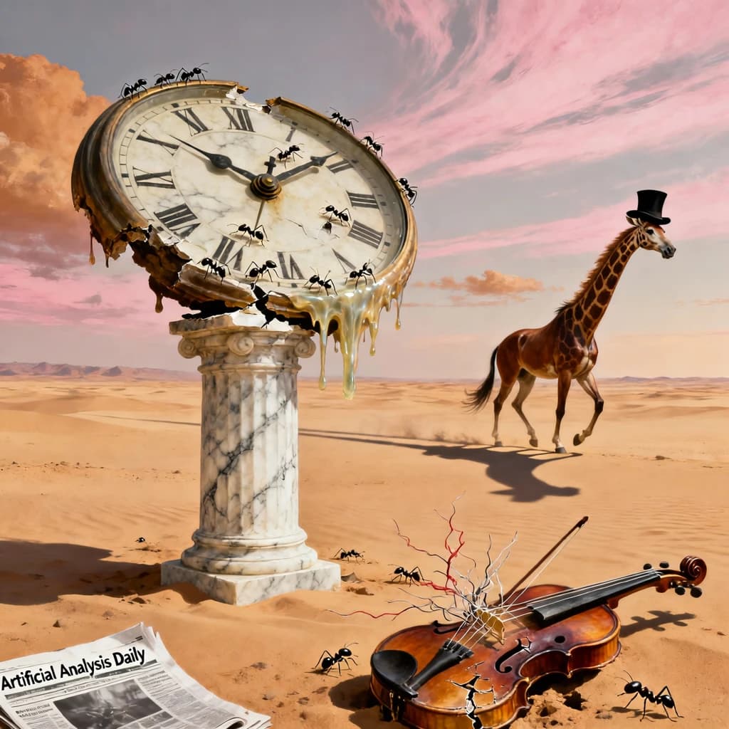 A vast desert plain stretches endlessly under a sky streaked with pale pink and ochre clouds. In the center stands a colossal clock, its face drooping and melting over the edge of a broken marble column. Ants swarm across its warped surface, glinting in the harsh sunlight. To the right, a horse with a giraffe like neck wearing a top hat strides toward the horizon, its shadow stretching miles across the sand. A cracked violin lies half-buried in the foreground, strings snapping outward like veins. Painted in the dreamlike surrealist style. A newspaper named the "Artificial Analysis Daily" lies on the Floor.