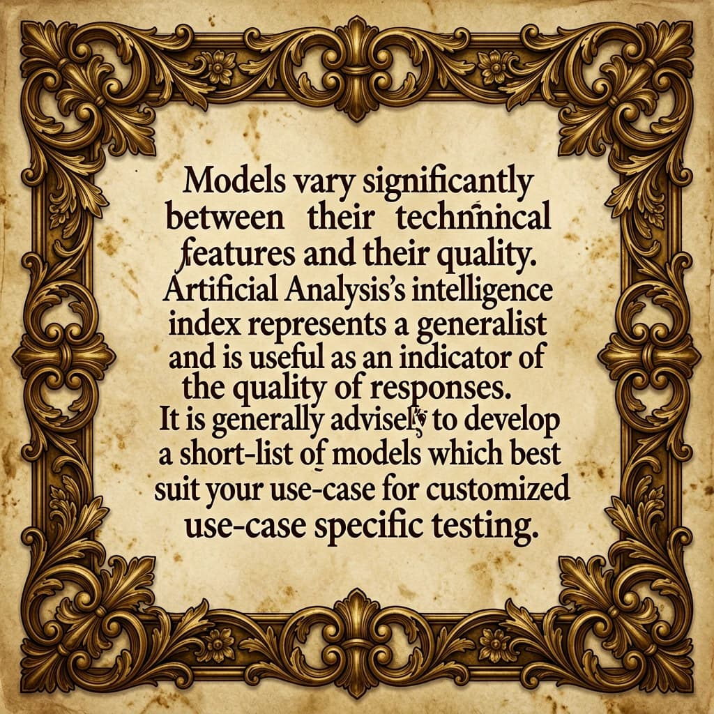 On a flat layout, write in an ornate baroque style "Models vary significantly between their technical performance, features and their quality. Artificial Analysis's intelligence index represents a generalist perspective and is useful as an indicator of the quality of responses. It is generally advisable to develop a short-list of models which best suit your use-case for customized use-case specific testing. "