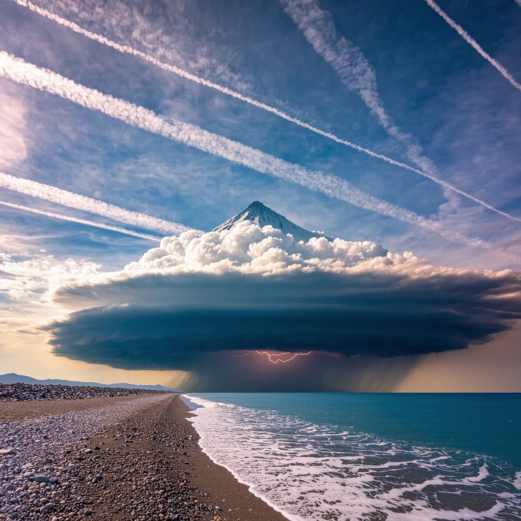 A stunning mountain vista pokes through the cloud top. Contrails from a distant airplane linger in the air. In the foreground there is a stony beach with foamy seas. A thunder storm is visibile in the distant right.