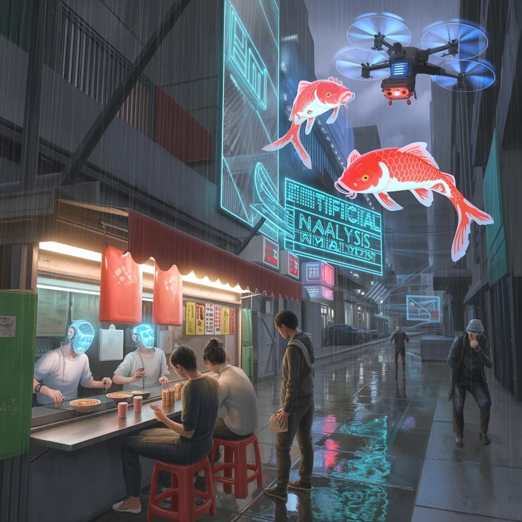A neon alley in Neo-Tokyo 2142 drips with rain Cybernetic patrons slurp ramen at a stall with their glowing implants humming with blue light. Three giant holographic koi hover 10 metres above the ground and swim across the skyline, one has clipped into a building. A six-prop drone hovers nearby, projecting "Artificial Analysis" onto a wall with blue laser beams visible