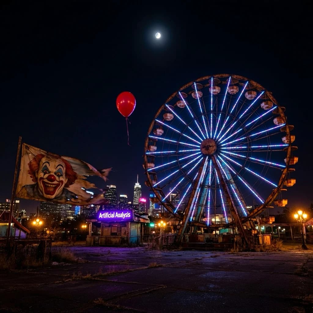 A deserted amusement park glows faintly under a half-moon. The ferris wheel is rusting yet strung with fresh, blinking LED lights. A torn clown banner flaps in a windless air. A lone balloon floats upward, tethered to nothing, while in the far distance city lights flicker on - some neon, some gas lamps as though from another century. 'Artificial Analysis' glows in neon
