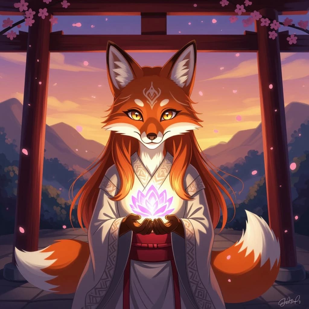 Cel-shaded fox spirit girl, glowing shrine at dusk, soft bloom, sparkly eyes.