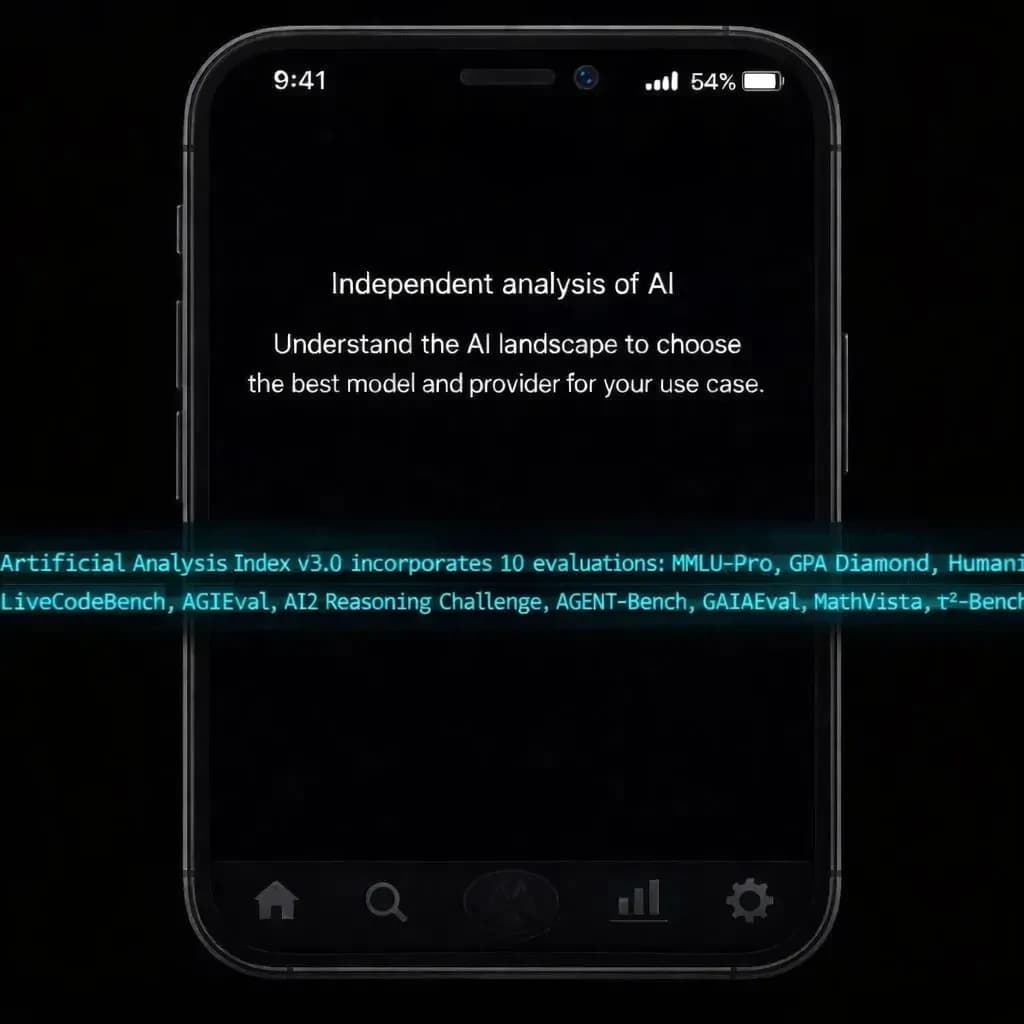 On a black smartphone UI with rounded corners, display a centered text block in white San Francisco font, 16pt: “Independent analysis of AI - Understand the AI landscape to choose the best model and provider for your use case.” Below, in neon cyan, monospace font, smaller size: “Artificial Analysis Intelligence Index v3.0 incorporates 10 evaluations: MMLU-Pro, GPQA Diamond, Humanity's Last Exam, LiveCodeBench, SciCode, AIME 2025, IFBench, AA-LCR, Terminal-Bench Hard, 𝜏²-Bench Telecom.” The second block scrolls horizontally as a ticker. The battery icon in the status bar shows 54%. The Artificial Analysis logo appears faintly, embossed into the bottom navigation bar.