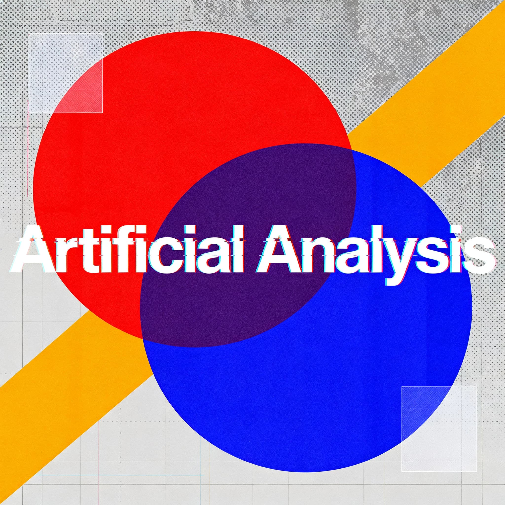 A bold poster composition dominated by flat geometric shapes in crimson, cobalt, and ochre. Overlapping circles and sharp diagonal lines create dynamic tension across the frame. A single sans-serif word — Artificial Analysis — stretches across the center in stark white, distorted slightly as though caught mid-glitch. The background is textured with halftone dots and faint grid lines, while subtle overlays of translucent rectangles suggest depth. Designed in the spirit of modernist Swiss typography fused with digital glitch aesthetics.